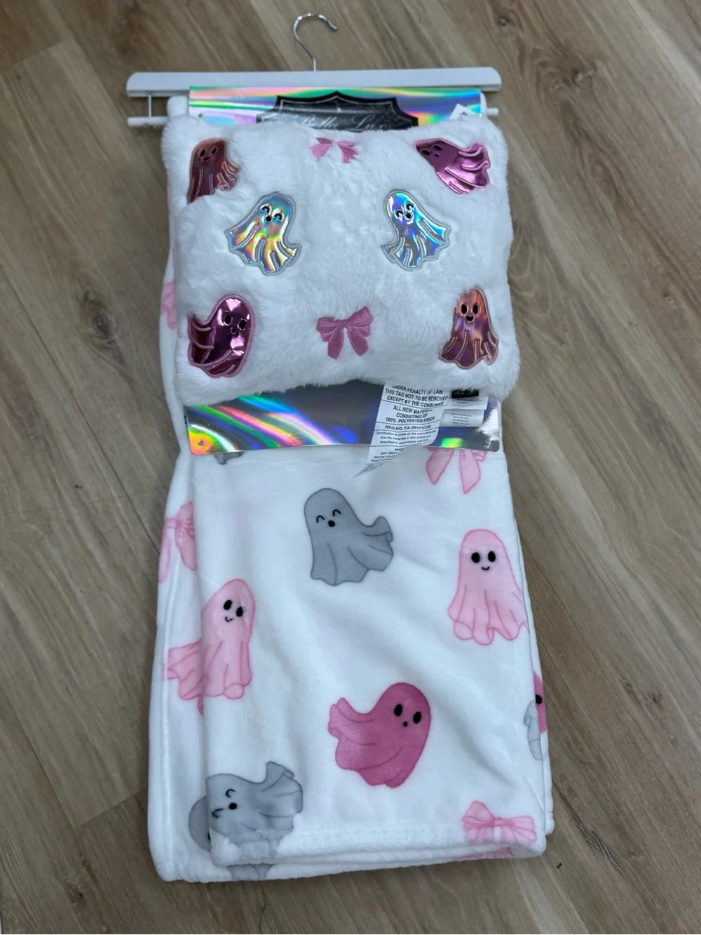 Bella luxx Plush White Ghost Blanket & pillow with Pink Accents